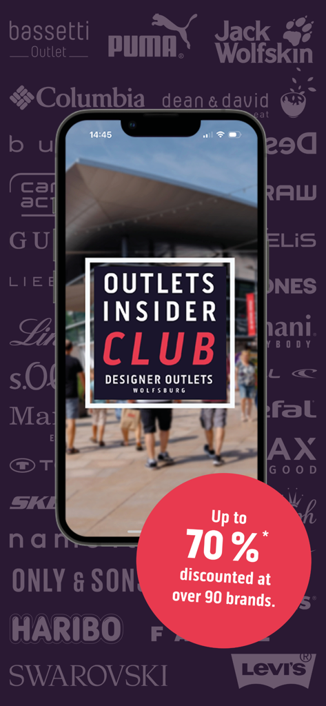 Designer Outlets Wolfsburg - Smartphone-Bildschirm mit dem Logo des Insider Clubs der Designer Outlets Wolfsburg und einem Rabattangebot von 70 Prozent.