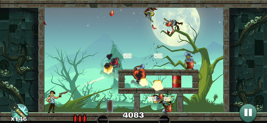 Un hombre apunta con una escopeta a zombis en un nivel de puzle de física con un fondo iluminado por la luna y explosiones.