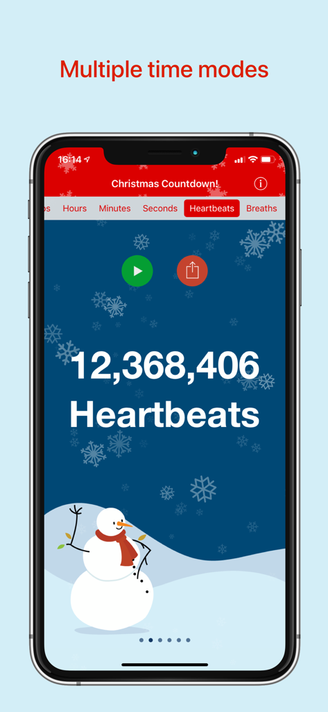 Christmas Countdown app screen showing time remaining in heartbeats with a snowman character