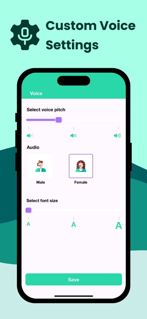 Text To Speech With AI. - Captura de pantalla de la pantalla de configuración de voz personalizada que muestra opciones para ajustar el tono, el género del audio y el tamaño de fuente