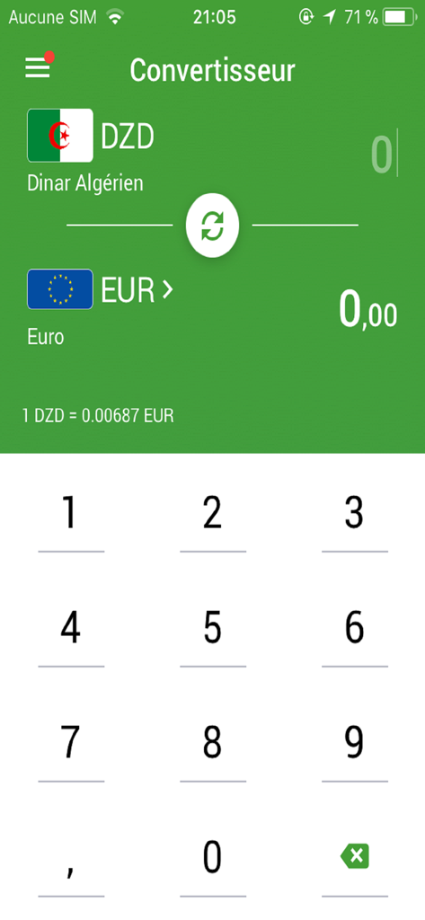 BNAtic mobile banking currency converter interface for Algerian Dinar and Euro