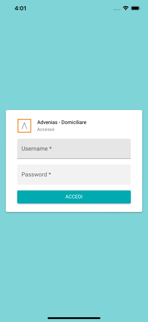 Advenias Care Domiciliare - Schermata di accesso per l'applicazione medica Advenias Care Domiciliare