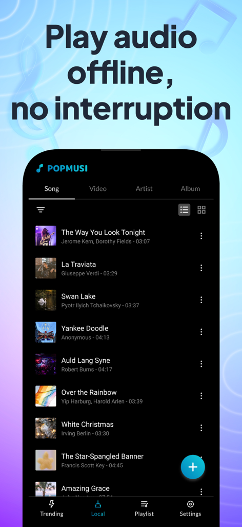 POPMusic: MP3 Player, Offline - Screenshot der POPMusic App, der die lokale Musikbibliothek für die Offline-Wiedergabe mit einer Liste von Songs, einschließlich klassischer und beliebter Titel, zeigt