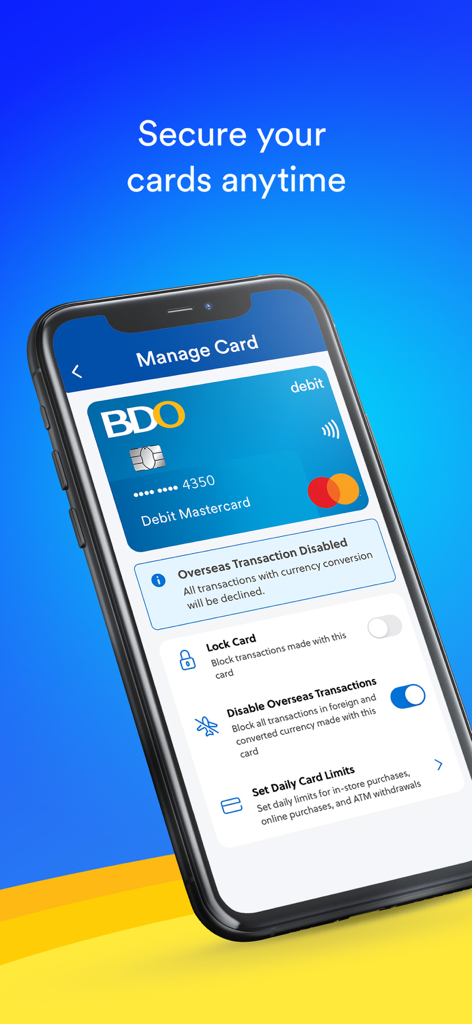 BDO Online mobile app screen showing debit card management features including options to lock the card and disable overseas transactions.