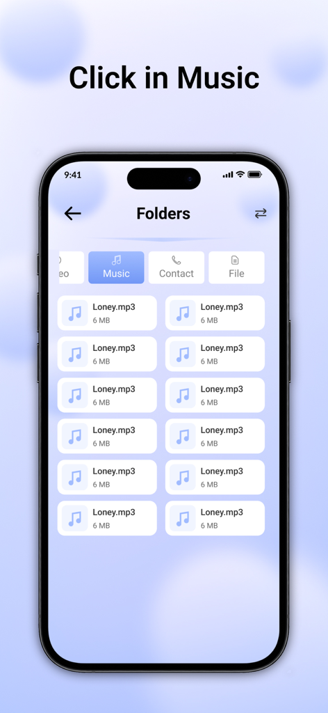 ShareMe – Fast File Sharing - Interfaz de la aplicación ShareMe mostrando una lista de archivos de música para compartir