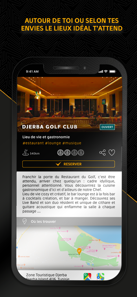 Ija app interface showing venue details for Djerba Golf Club including a reservation button and location map
