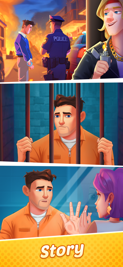 Gossip Street: Merge & Cook - Storyboard panels showing a character arrest, prison cell, and visitation scene in Gossip Street