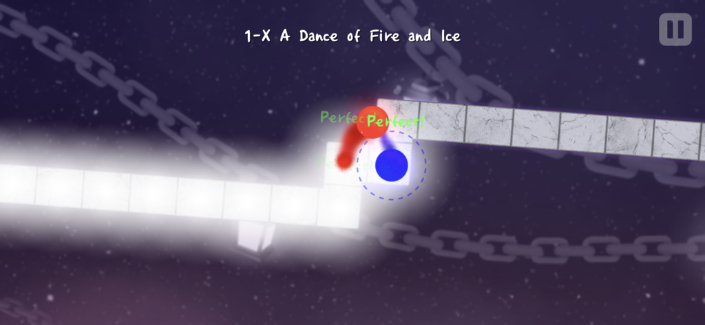 Dos planetas en órbita moviéndose a través de un camino de baldosas en el juego de ritmo A Dance of Fire and Ice