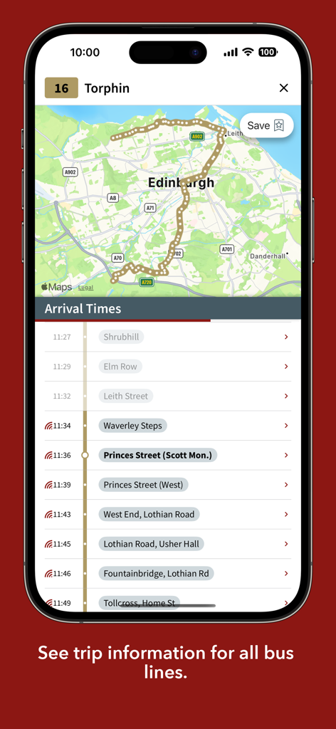Interfaz de la aplicación Bus and Tram que muestra el mapa de la ruta 16 y los tiempos de llegada de las paradas en Edimburgo
