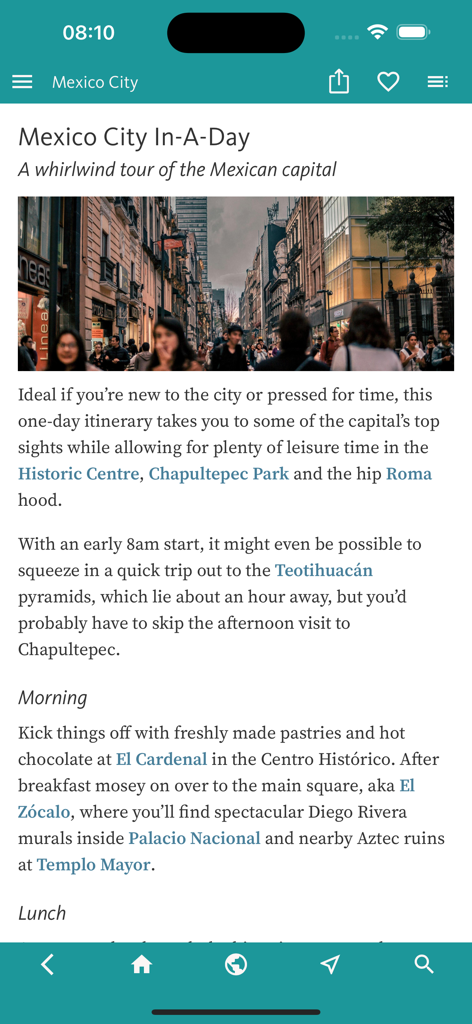 Mexico City’s Best: Trip Guide - A mobile app screen showing a one day itinerary for Mexico City with travel tips and a street photography image.