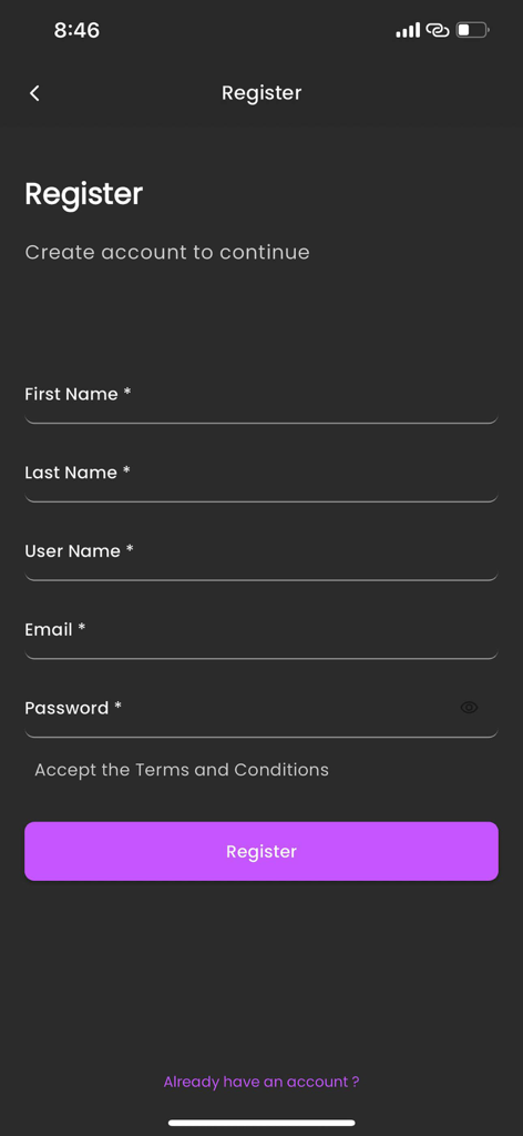Online Gaming Marketplace - Registration screen for the Online Gaming Marketplace mobile application