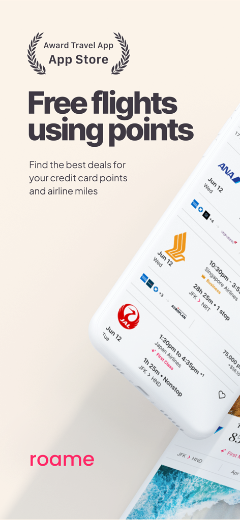 Roame - Award Travel - Roameアプリ画面、クレジットカードポイントと航空会社マイレージの特典交換のためのフライト検索結果を表示。