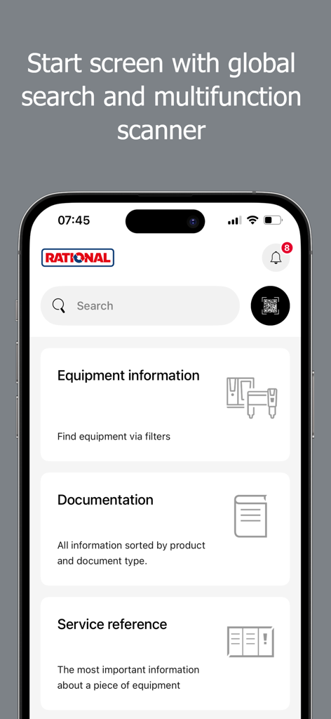 TechAssistant 2.0 - TechAssistant 2.0 app start screen with global search and multifunction scanner