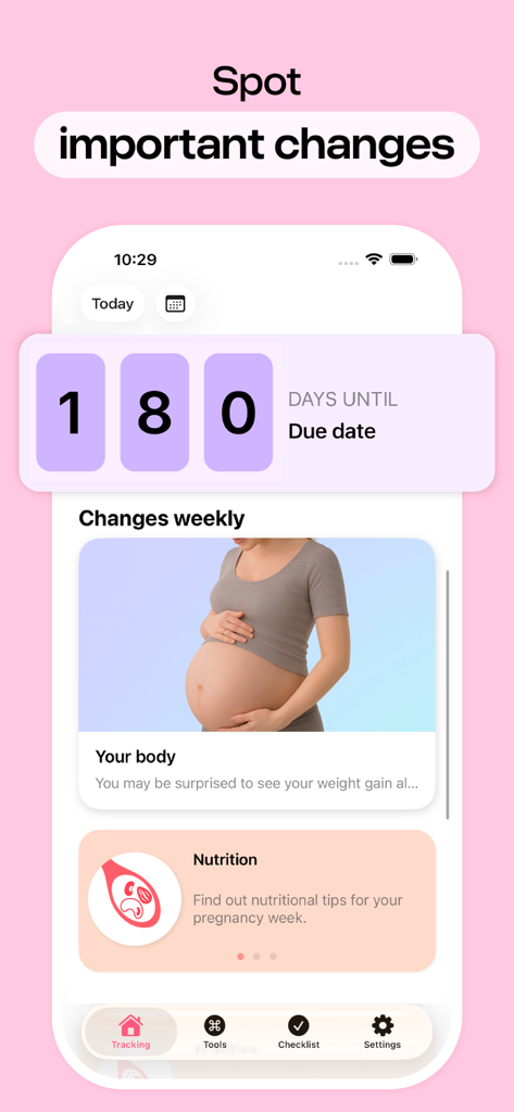Pregnancy Tracker, Due Date - Pantalla de la aplicación de seguimiento del embarazo que muestra la cuenta atrás de la fecha de parto, los cambios corporales semanales y consejos de nutrición.