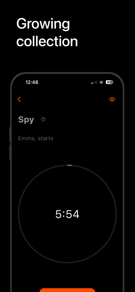 Interface of the Spy game in Social Gamebox app featuring a circular countdown timer