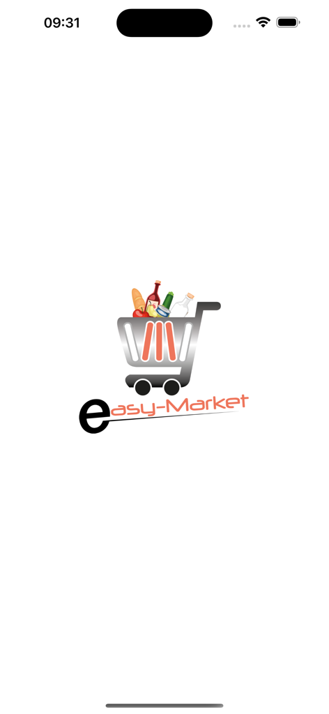 Easy Market - Easy Market app splash screen with logo featuring a shopping cart icon filled with groceries
