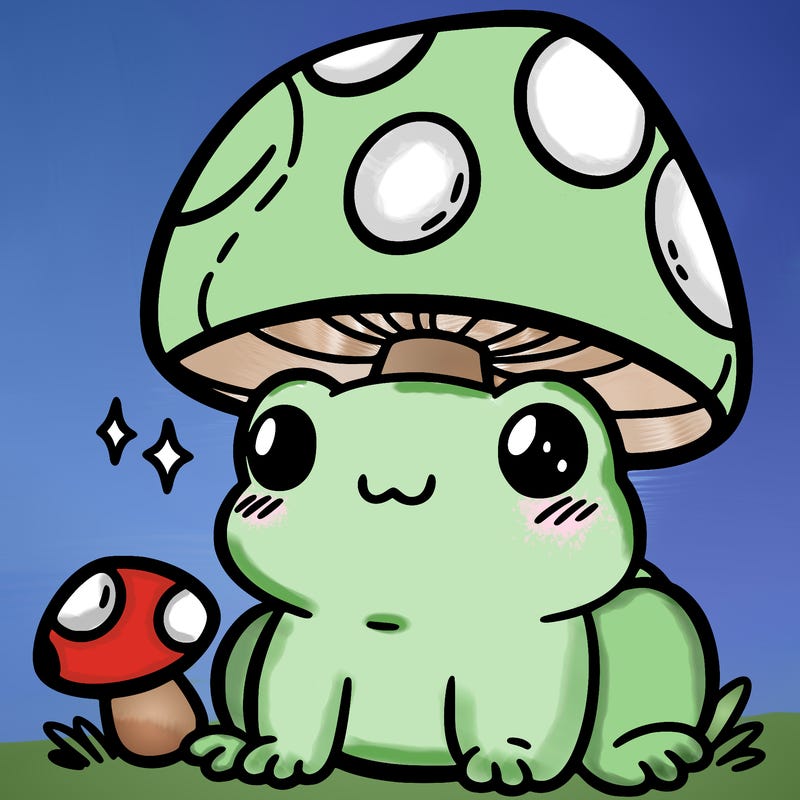 a cute frog with a mushroom hat