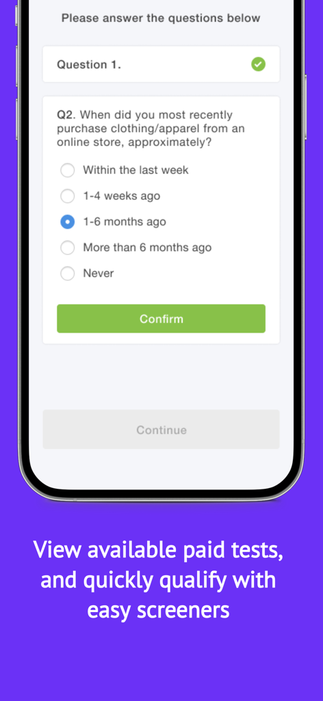 Trymata Testing - A screenshot of the Trymata Testing app showing a multiple choice screener question used to qualify for paid website tests.