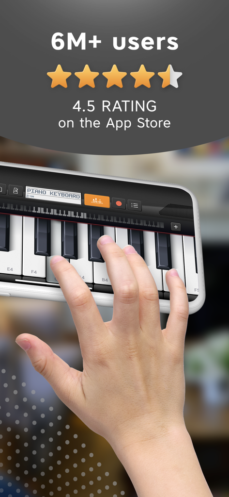 Piano Keyboard App: Play Songs - A hand playing a virtual piano keyboard on a smartphone with a four point five star rating badge
