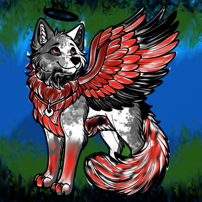 realistic wolf with wings and a halo