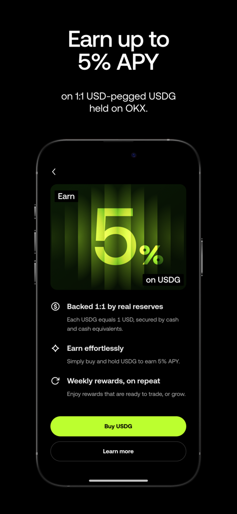 OKX: Buy Bitcoin BTC & Crypto - A mobile app screen for OKX showing a 5 percent APY offer on USDG with weekly rewards and 1 to 1 real reserves.