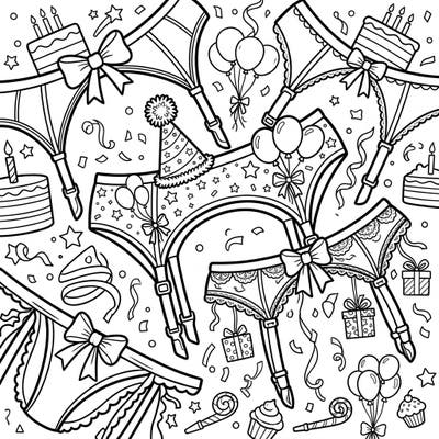 Get ready to party with this unique coloring page featuring garter belts playfully decorated with birthday festive items. Cakes, balloons, and party hats swirl around in a celebratory design, waiting for your creative touch.