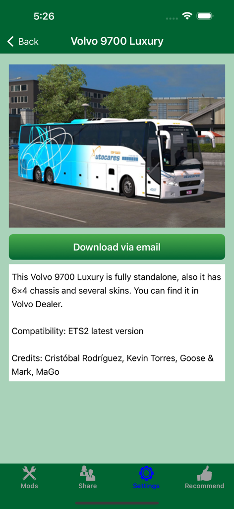 ETS2 - DLC, Mods & Addons - A detailed view of the Volvo 9700 Luxury bus mod within the ETS2 mods and addons application.