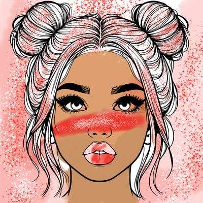 realistic girl with two buns on her hair and lips