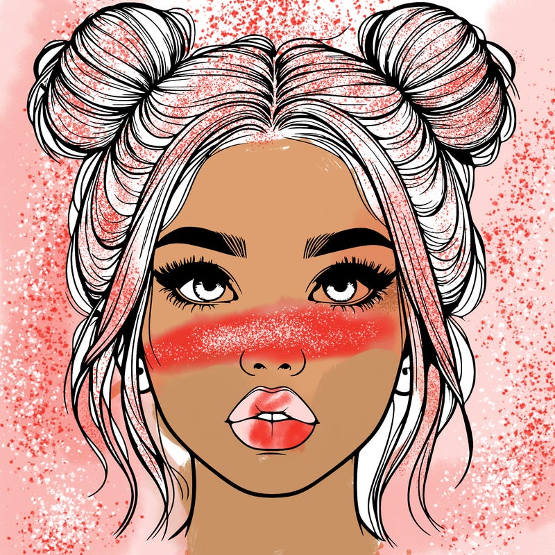 realistic girl with two buns on her hair and lips