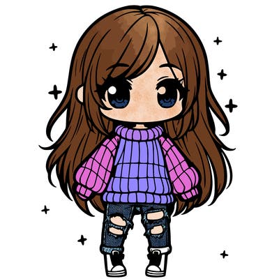 chibi girl with ripped jeans,long hair, and an oversized sweater