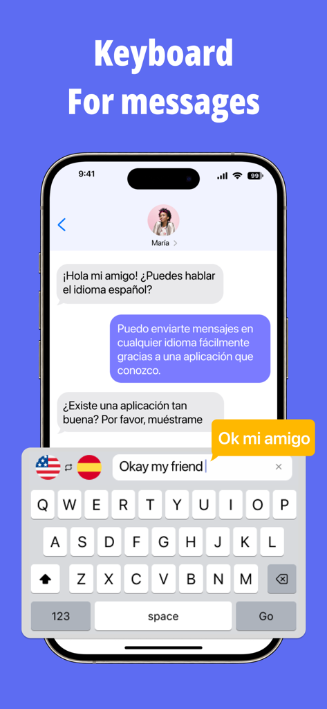 AMO translator, Translate all - Screenshot of AMO Translator app showing a custom keyboard translating messages between English and Spanish in a chat interface.