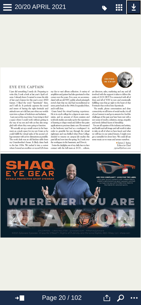 20 20 Magazine - 20 20 Magazine app showing an editorial column and Shaq Eye Gear advertisement