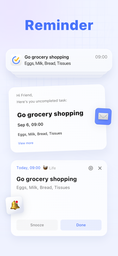 TickTick 앱 인터페이스는 푸시 알림, 이메일 작업 알림, 식료품 목록에 대한 스누즈 및 완료 옵션이 있는 모바일 알림을 보여줍니다.