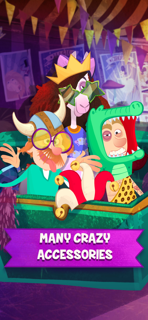 Coloridos personajes circenses luciendo sombreros y gafas divertidas en un juego de cambio de imagen para niños.