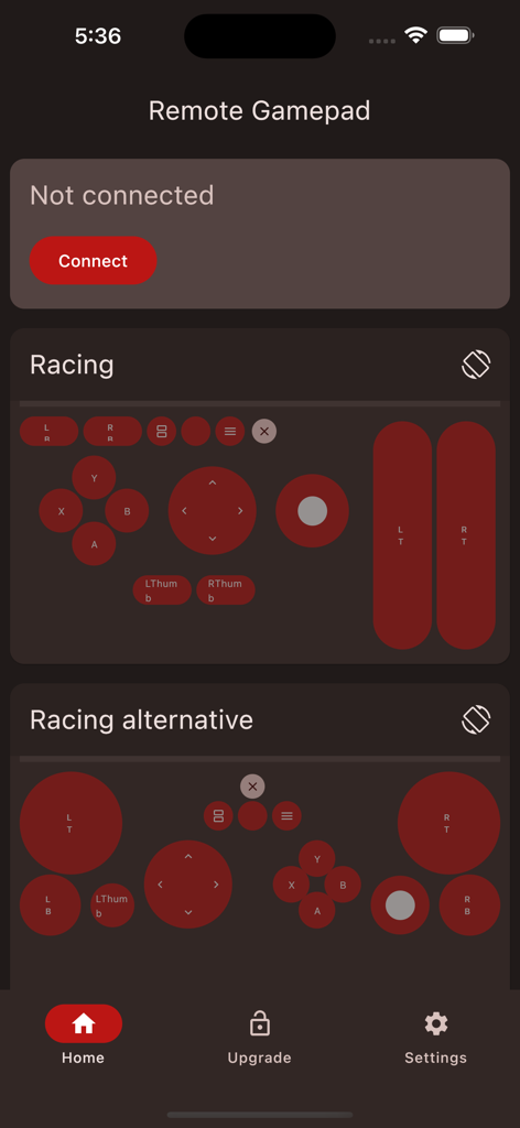 Remote Gamepad - Remote Gamepad mobile app interface showing various customizable racing controller layouts for PC gaming.