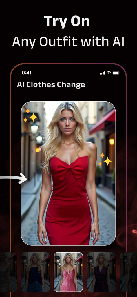 Interface of the AI Clothes Changer app showing a woman virtually trying on a red strapless dress with a bow.