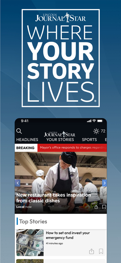Journal Star - Lincoln Journal Star mobile app home screen showing local news and top stories
