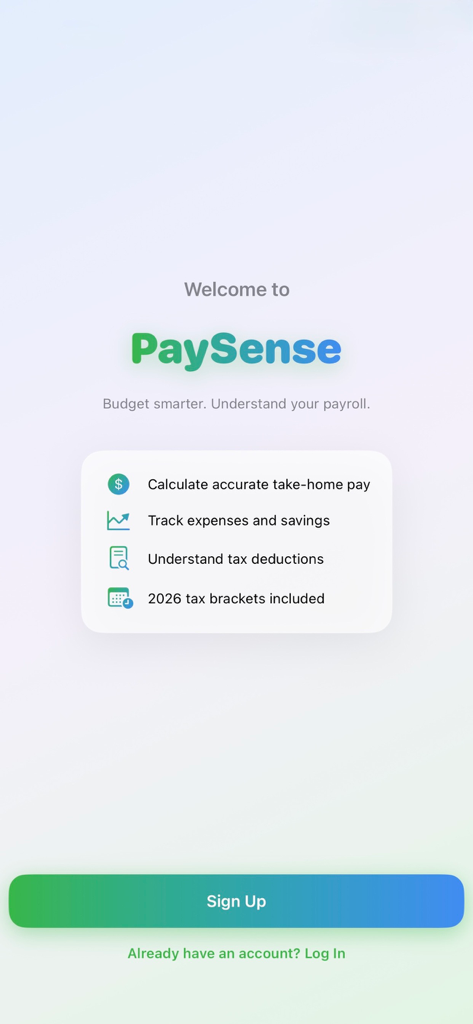 PaySense - Écran d'accueil de l'application financière PaySense mettant en avant les fonctionnalités de paie et de budgétisation