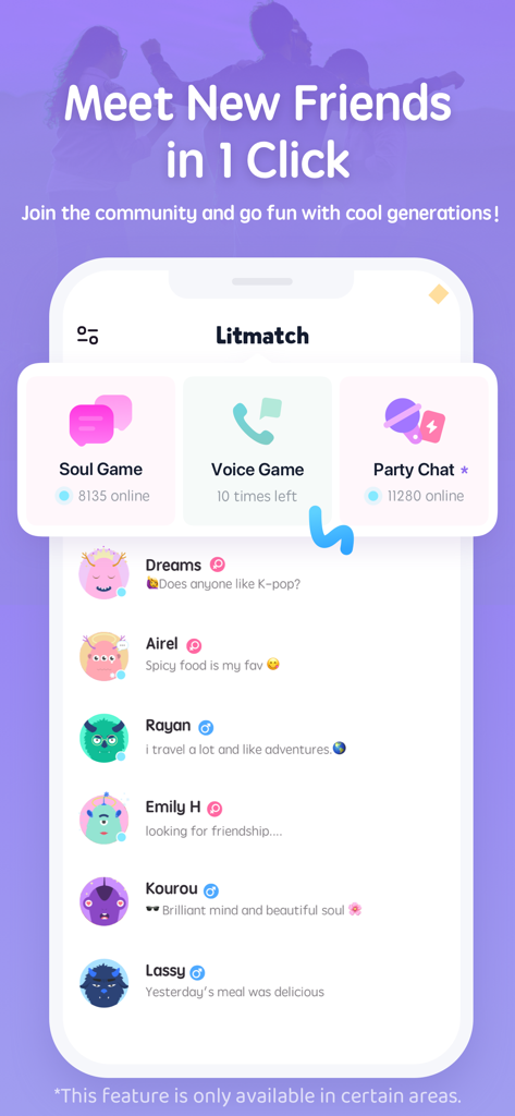 Litmatch app interface for meeting new friends showing Soul Game and Voice Game features