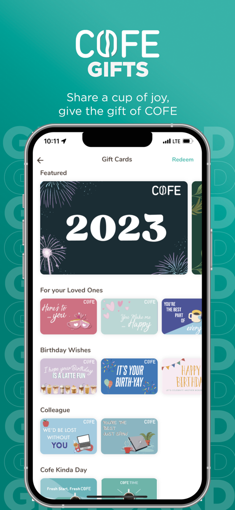 Una pantalla de móvil que muestra varios diseños de tarjetas de regalo digitales en la aplicación COFE para ocasiones como cumpleaños y compañeros