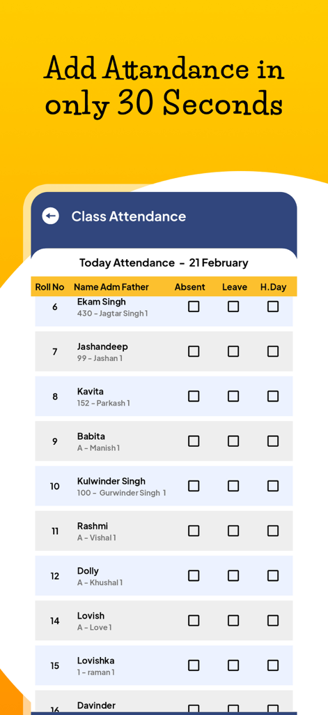 Interfaccia mobile dell'app Class ON Insegnanti che mostra una checklist delle presenze degli studenti con numeri di registro e nomi.