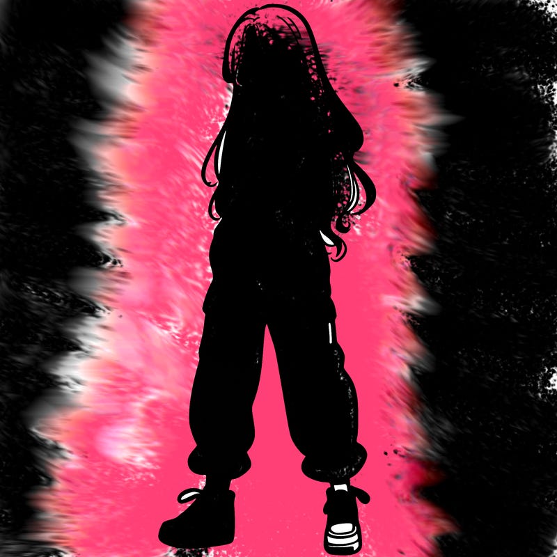 girl in baggy pants crop top and long hair