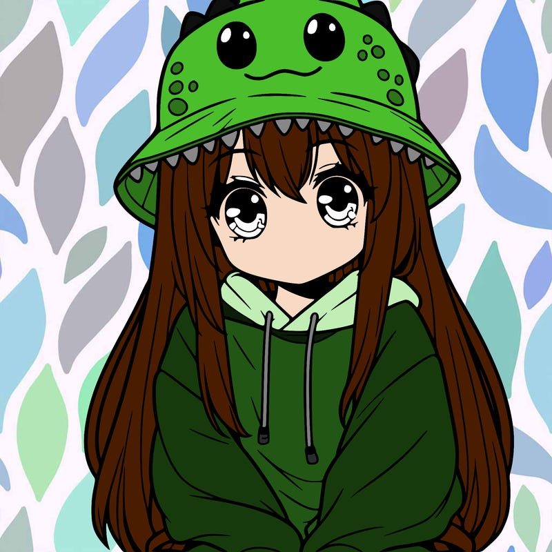 girl with anime shaped eyes with a dinosaur bucket hat oversized sweatshirt long straight hair