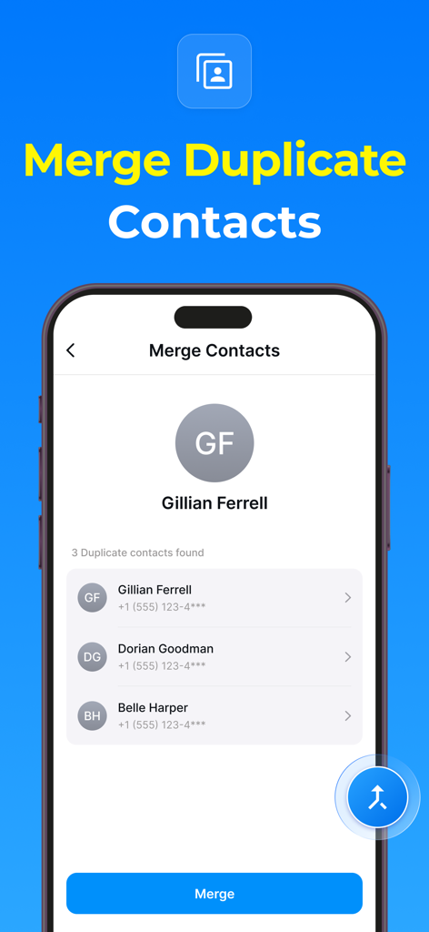 Contacts - Phone Dialer - A screenshot of the Contacts Phone Dialer app showing the merge duplicate contacts screen with a list of contacts and a merge button.