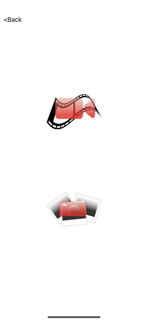 Menú principal de la aplicación DM Camera mostrando íconos para galerías de video y fotos sobre un fondo blanco.