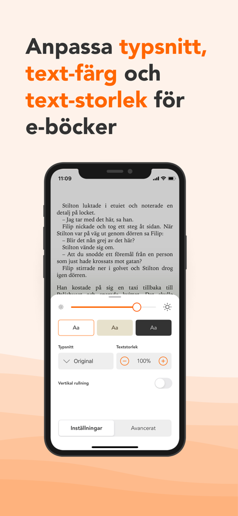 Bokus Reader interface showing options to customize ebook font color and size