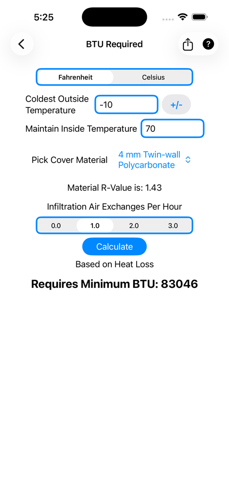 Greenhouse Planner - Greenhouse heating calculator screen showing BTU requirements based on temperature and material inputs