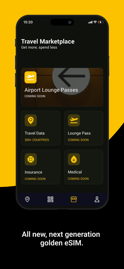Golden eSIM - Global Internet - Panel del Travel Marketplace de la aplicación Golden eSIM con planes de datos y seguro de viaje