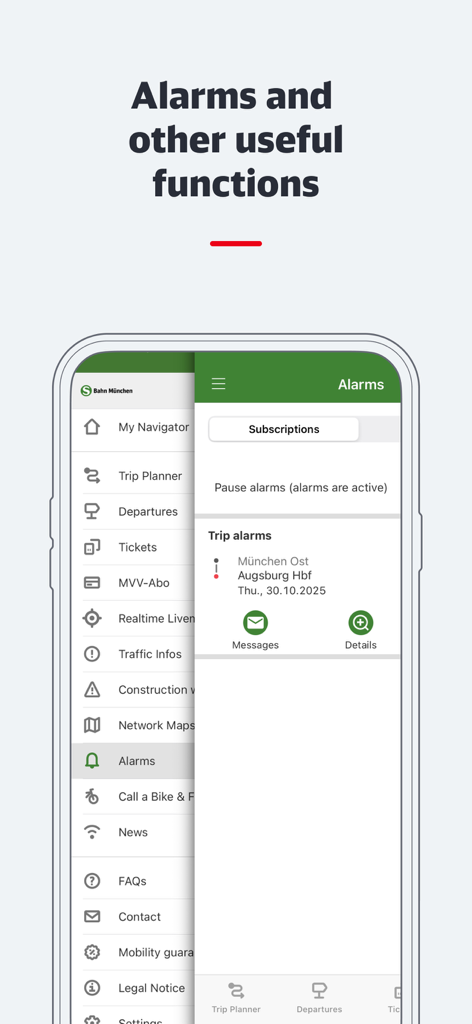München Navigator - Oberfläche der München Navigator App mit Navigationsmenü und Einstellungen für Reisealarme.