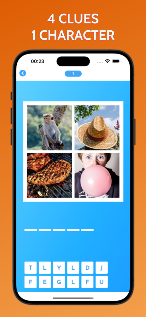 Mobile Spieloberfläche, die ein Vier-Bilder-Rätsel für den Charakter Luffy aus One Piece zeigt